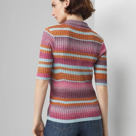 WHBM Spacedye Colorful Striped Knit Henley Top Large - Picture 2 of 9